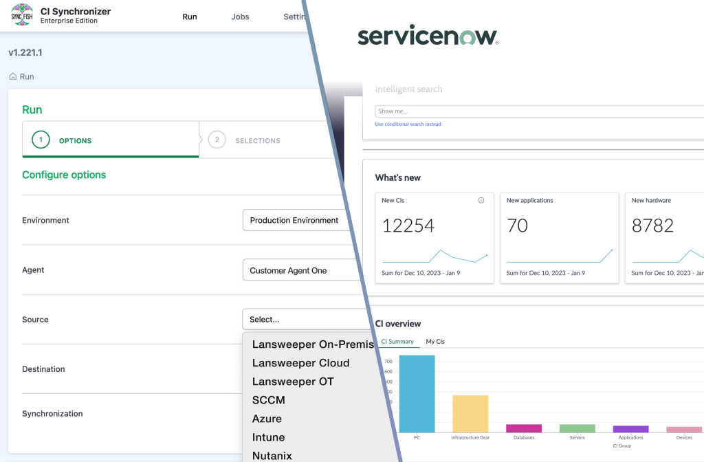 Screenshots of CI Synchronizer and ServiceNow.